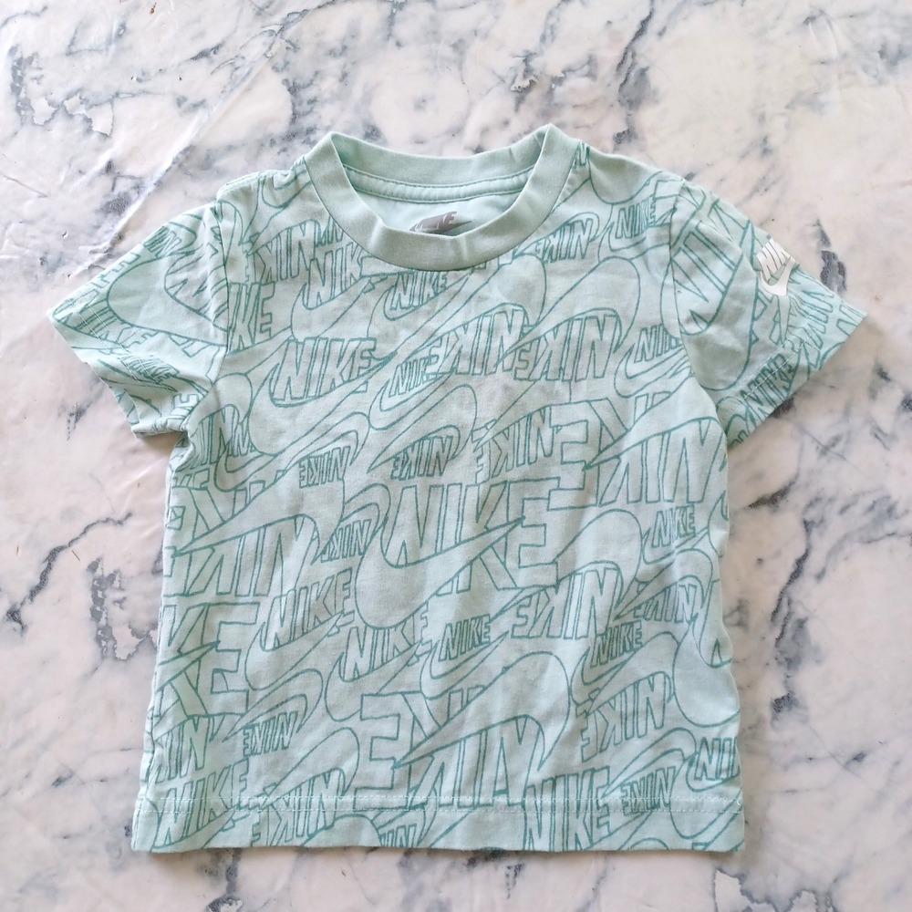 Nike T-Shirt Boys 2T Mint Green All Over Swoosh Logo Print Short Sleeve Tee